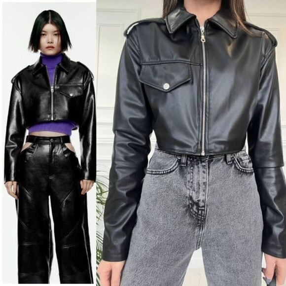 Zara Women's Size L Black Faux Leather Cropped NEW Jacket Boxy Blogger Moto Punk - Picture 5 of 17